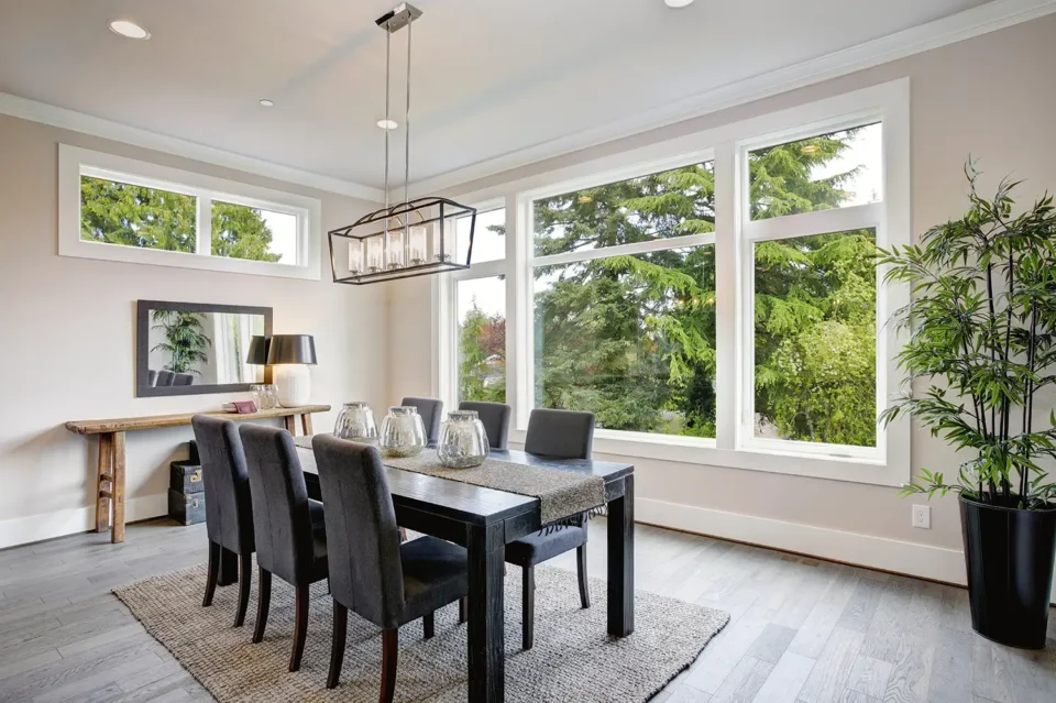dining room interior with large windows